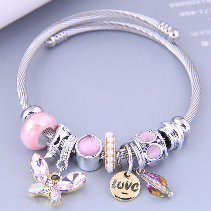 women adjustable bangle sets -Pink Butterfly & Love Coil Style Bracelet