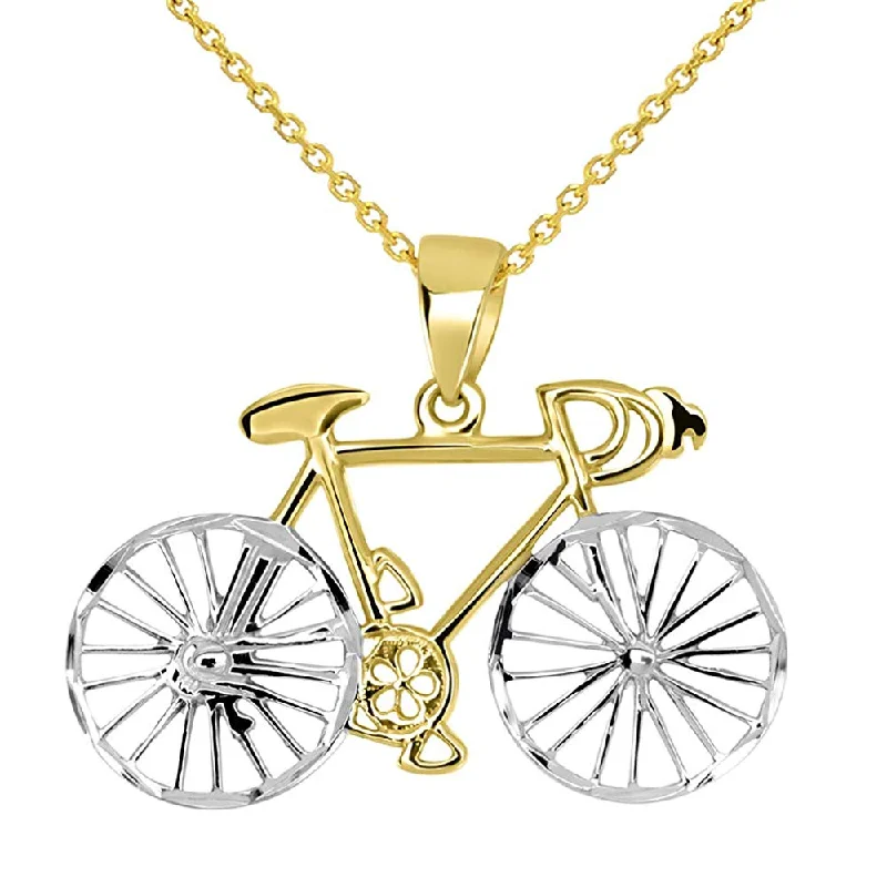 women silver necklaces -14k Yellow Gold Two-Tone Bicycle Bike with Textured Wheels Pendant Necklace