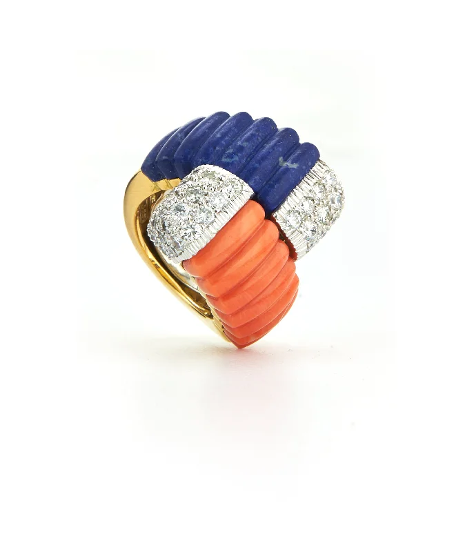 women designer rings -Crossover Ring, Coral, Lapis Lazuli