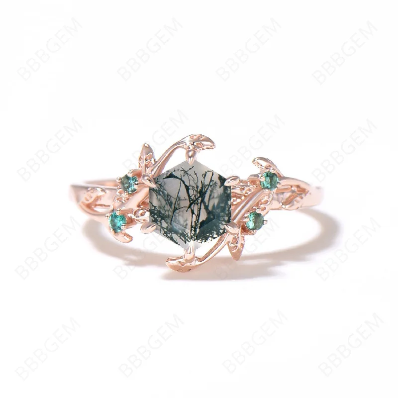 moissanite engagement rings -Enchanted Twigs Moss Agate Ring Hexagon Cut Natural Green Moss Engagement Ring Rose Gold Branch Leaf Green Emerald Ring