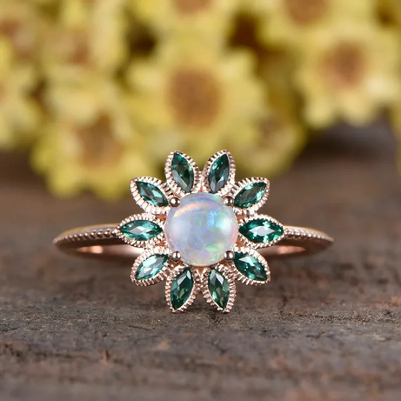 engagement rings with side stones -Australian Boulder Opal Ring with Flower Emerald Halo Nature Cluster Engagement Ring