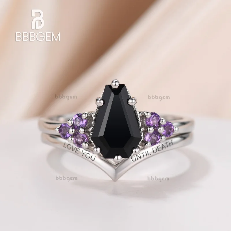 alternative gemstone engagement rings -Coffin Ring Black Onyx Promise Ring Black Coffin Ring with Amethyst Side Stones Engraved Plain White Gold Nesting Band