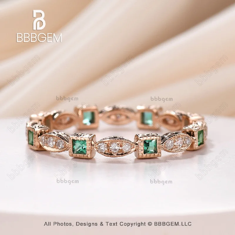 rose gold halo engagement rings -Natural Emerald Diamond ring, 14k Yellow gold engagement ring,wedinng band,stack matching band,anniversary ring,princess cut emerald ring