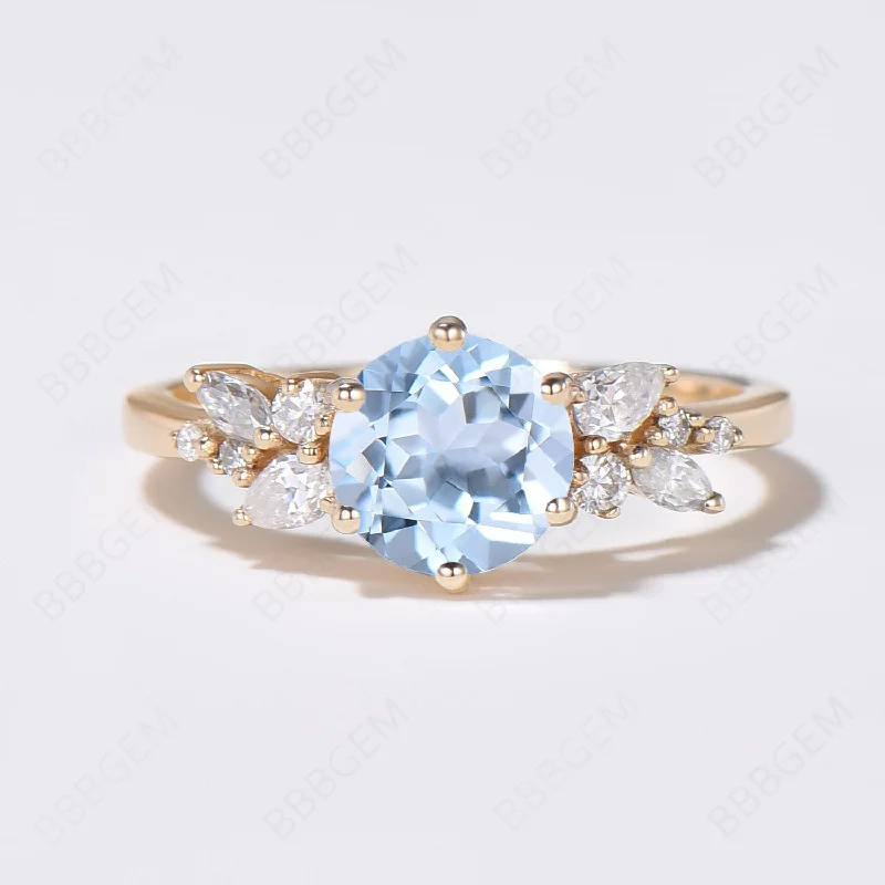 modern halo engagement rings -10K/14K Gold Round Natural Aquamarine Cluster Wedding Ring