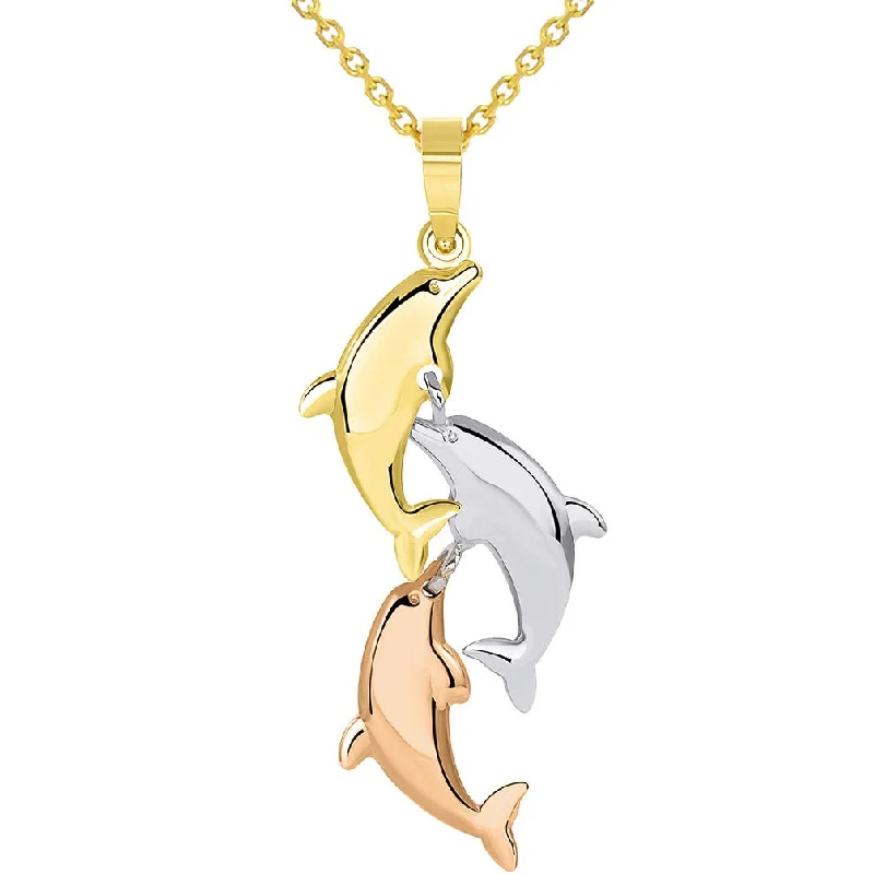 women modern necklaces -14k Tri Color Gold 3D Three Dangling Dolphins Jumping Vertical Pendant Necklace