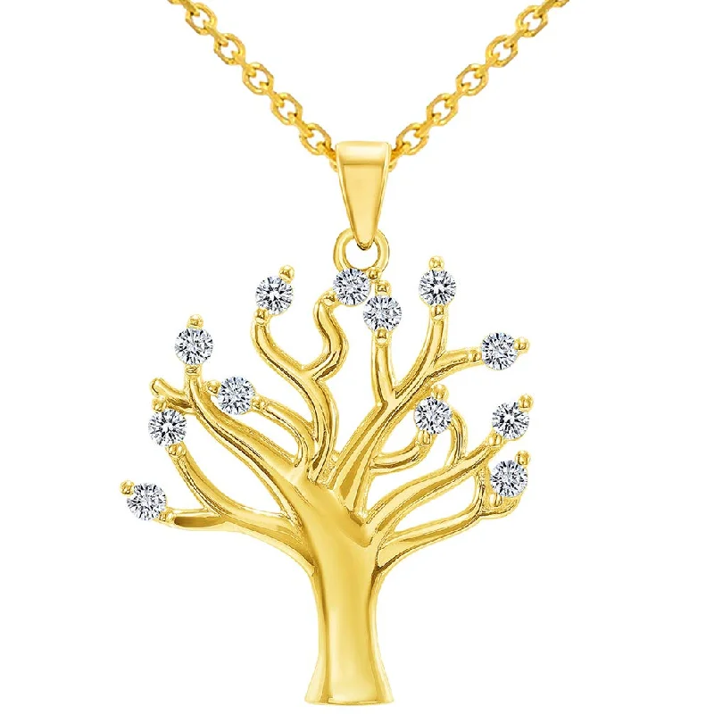 women vintage necklaces -14k Yellow Gold High Polish Cubic-Zirconia Tree of Life Pendant Necklace