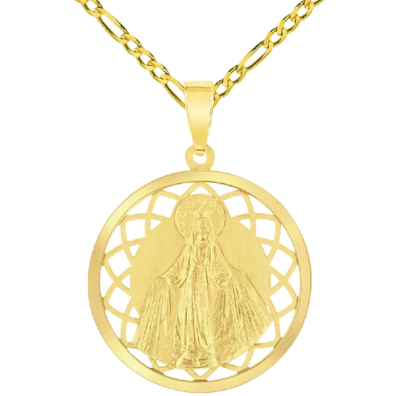 women zodiac necklaces -14k Yellow Gold Round Open Ornate Miraculous Medal of Virgin Mary Pendant with Figaro Chain Necklace