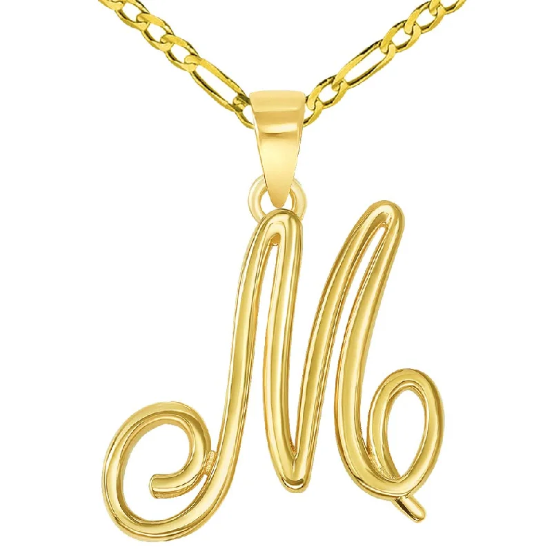 women cross necklaces -14k Yellow Gold Elegant Script Letter M Cursive Initial Pendant with Figaro Chain Necklace