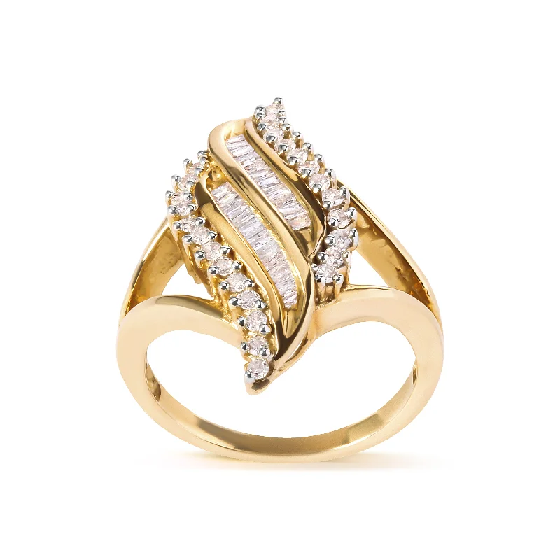 men engagement rings -10K Yellow Gold 1/2 Cttw Round and Baguette Cut Diamond Cocktail Ring