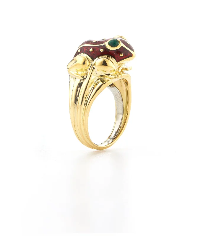 women gold-plated rings -Baby Frog Ring, Red Enamel