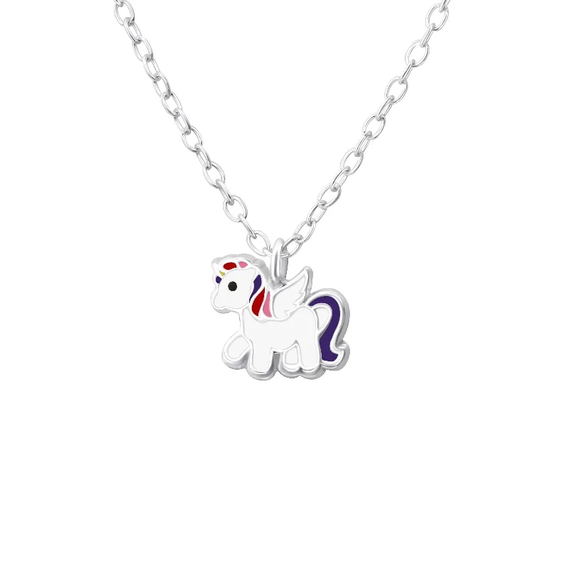 women statement necklaces -Children's Sterling Silver White Unicorn Pendant Necklace