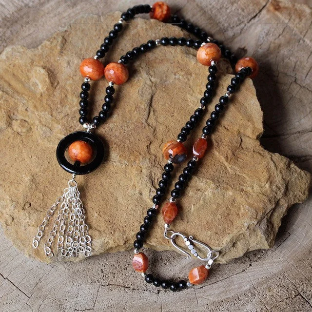 women handmade necklaces -Long tassel necklace with red and black agate