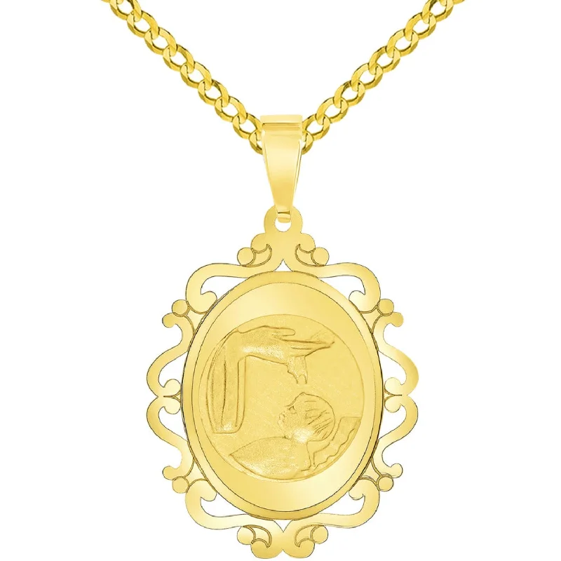 women engraved gold necklaces -14k Yellow Gold Religious Baptism Christening On Elegant Ornate Medal Pendant with Cuban Chain Curb Necklace