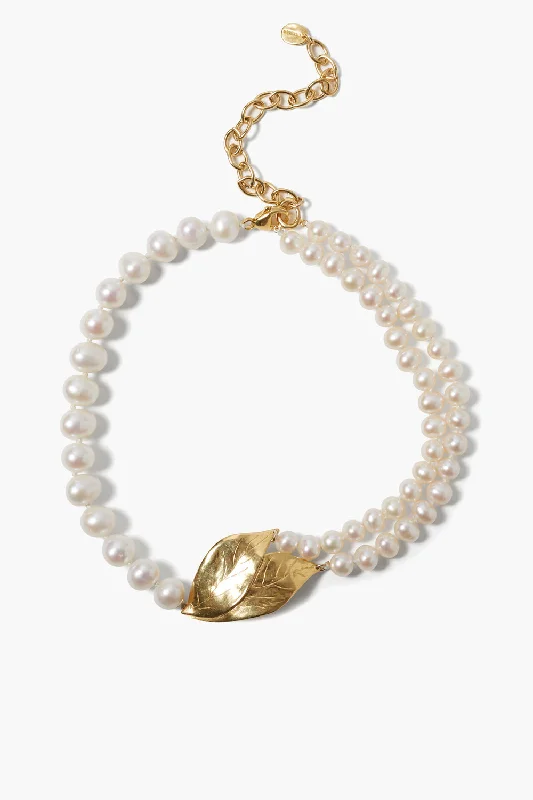 women gold necklaces -Falling Leaf Necklace White Pearl