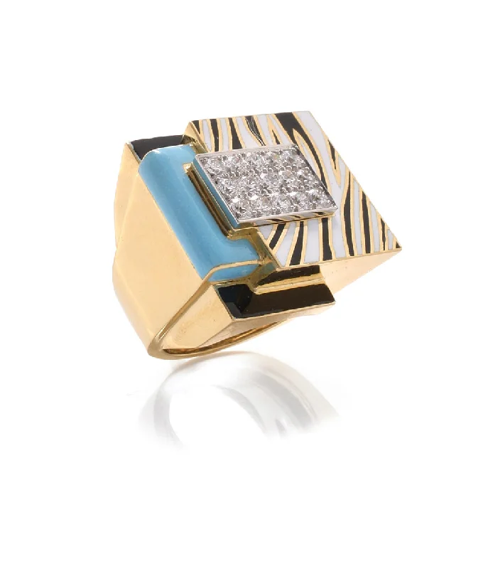 women custom engraved rings -Cubist Zebra Stripe Ring, Light Blue