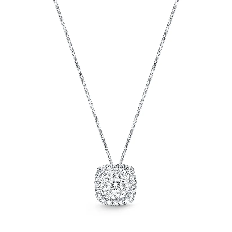 women engraved gold necklaces -Bouquet Cushion Halo Pendant White Gold and Diamond Necklace .75 ct.