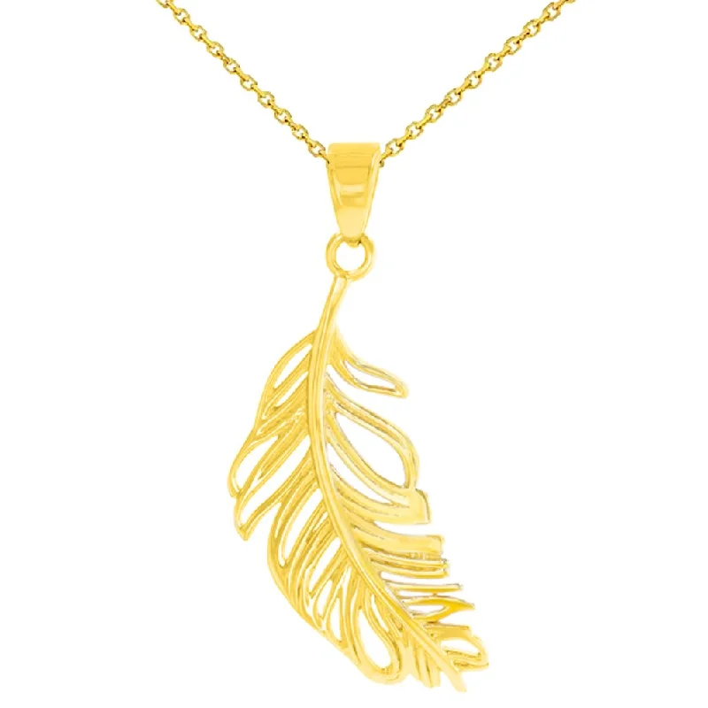 women heart pendant necklaces -Solid 14K Yellow Gold Textured Feather Charm Pendant Necklace