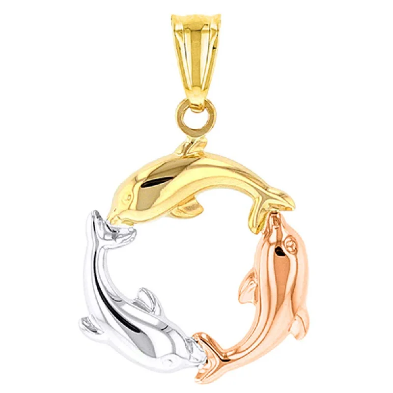 women star-shaped necklaces -High Polish 14K Tri Color Gold Dolphin Circle Charm Pendant