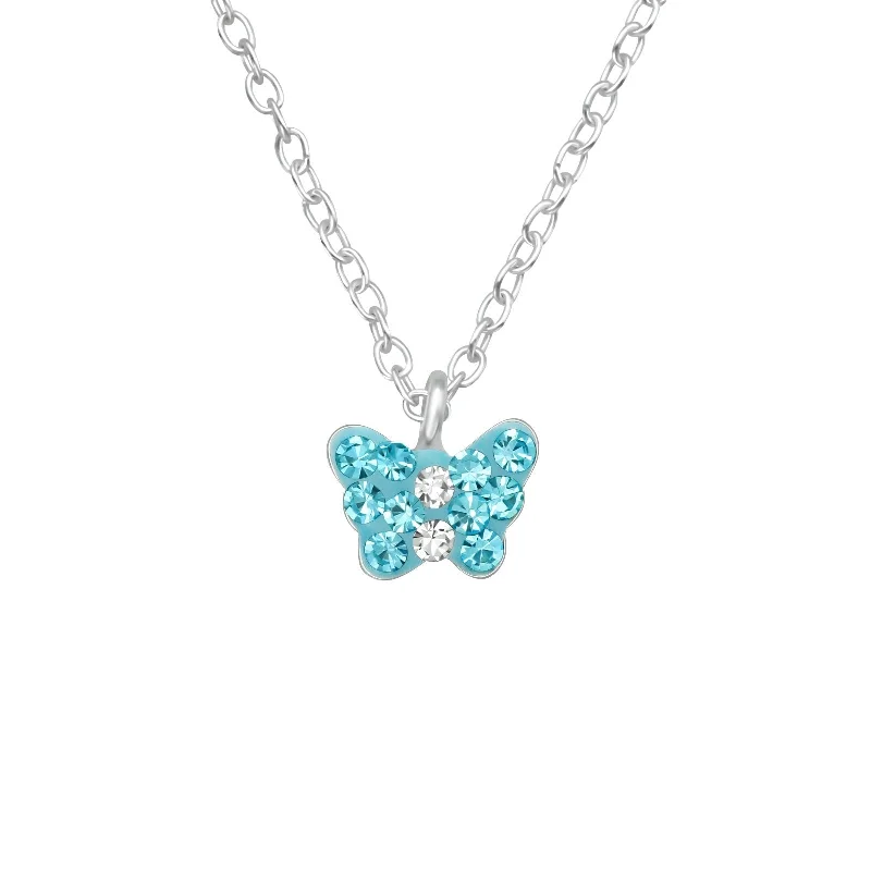 women custom necklaces -Children's Sterling Silver Blue Crystal Butterfly Pendant Necklace