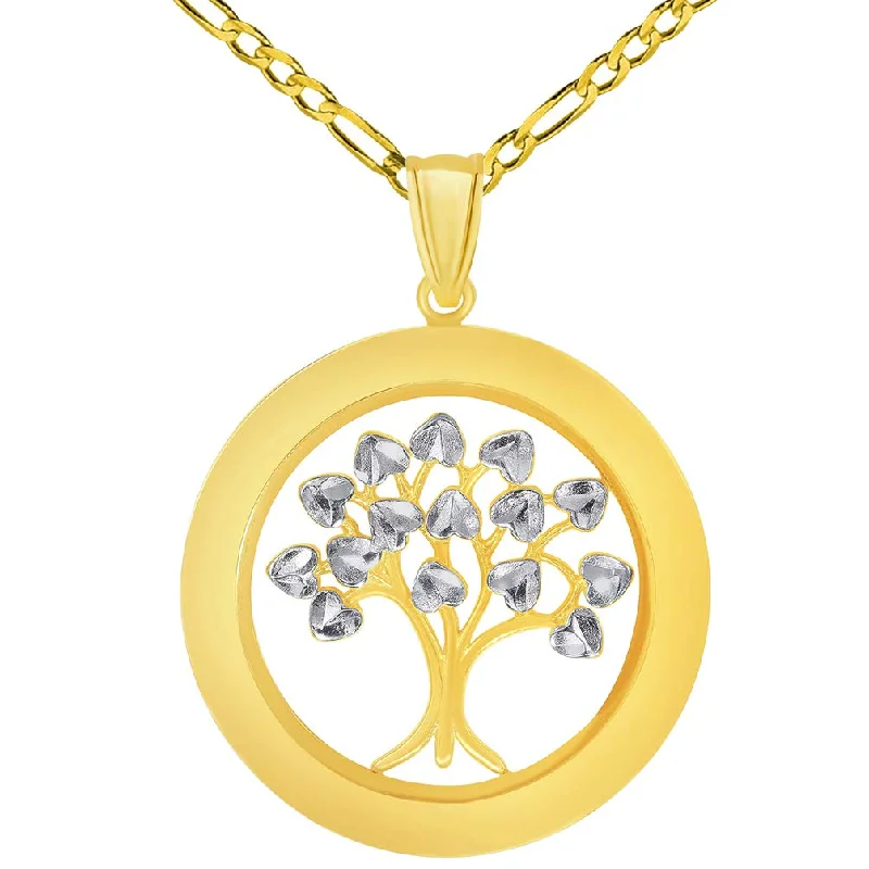 women personalized gold necklaces -14k Yellow Gold Round Two Tone Tree of Life Medal Pendant with Figaro Necklace