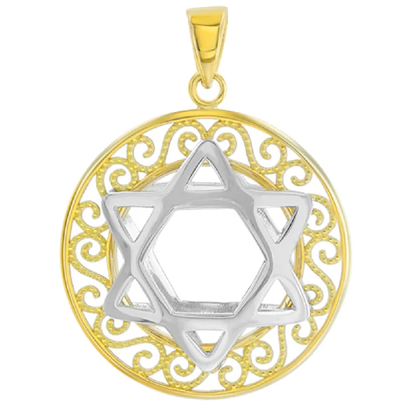 women fashion necklaces -Polished 14K Two Tone Gold Round Filigree Star of David 3D Charm Pendant