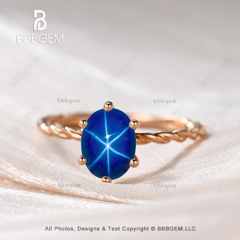 wedding rings and engagement rings sets -14K Rose Gold Star Sapphire Oval Ring,  1 Carat September Birthstone Blue Star Sapphire Solitaire Ring With Twisted Rope Band