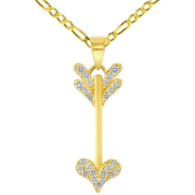 women crystal pendant necklaces -14k Yellow Gold Cubic-Zirconia Reversible Vertical Cupid's Love Arrow Pendant with Figaro Chain Necklace