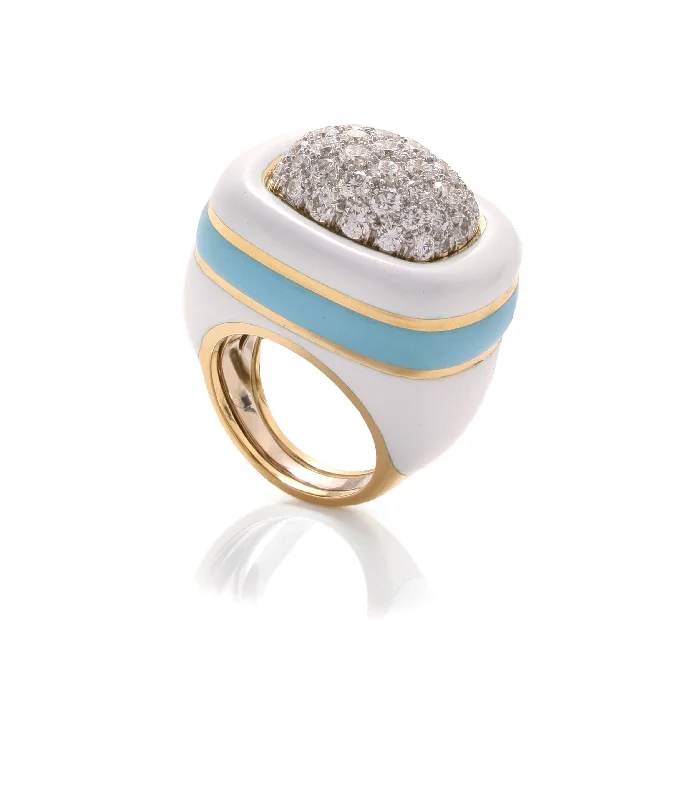 women wide band rings -Cabana Ring, White and Light Blue Enamel