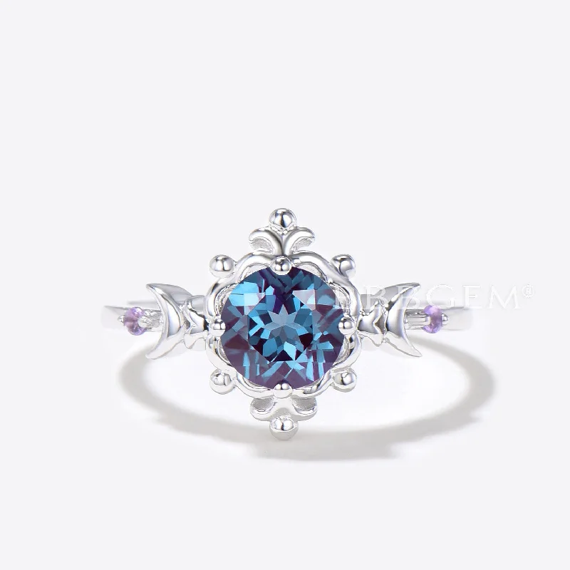 alternative gemstone engagement rings -Filigree Wedding Ring Moon Round Alexandrite Engagement Ring