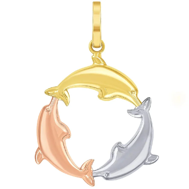 women gold plated necklaces -High Polish 14k Tri-Color Gold Dolphin Circle Pendant