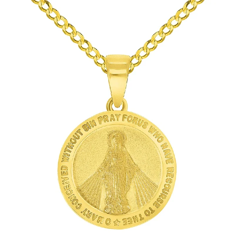 women statement necklaces -Solid 14k Gold Small Classic Miraculous Medallion of the Virgin Mary Pendant with Curb Chain Necklace - Yellow Gold