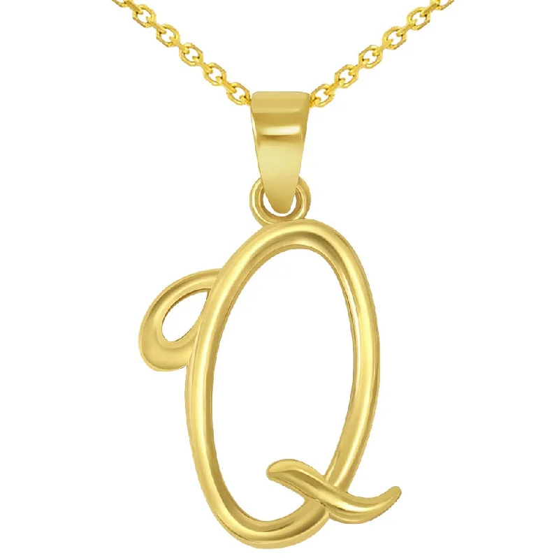 women charm necklaces -14k Yellow Gold Elegant Script Letter Q Cursive Initial Pendant Necklace