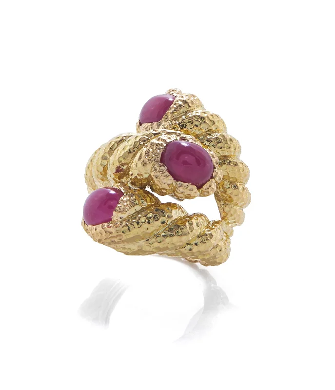 women yellow gold rings -Triple Rope Ring, Ruby