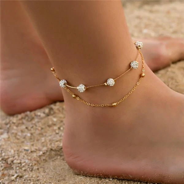 women fashion bangles -Gold Double Layered Bracelet/Anklet w/ Rhinestones