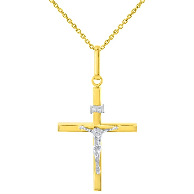 women infinity diamond necklaces -Solid 14K Two-Tone Gold Slender Cross INRI Crucifix Pendant Necklace