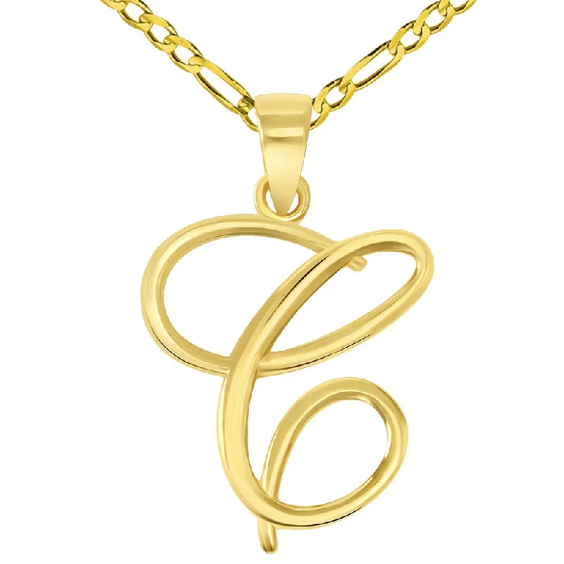 women gemstone pendant necklaces -14k Yellow Gold Elegant Script Letter C Cursive Initial Pendant with Figaro Chain Necklace