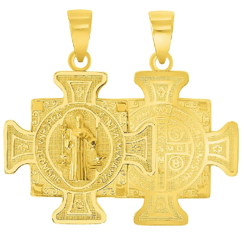 women engraved necklaces -Solid 14k Yellow Gold Cross of Holy Father Saint Benedict Pendant (Reversible)