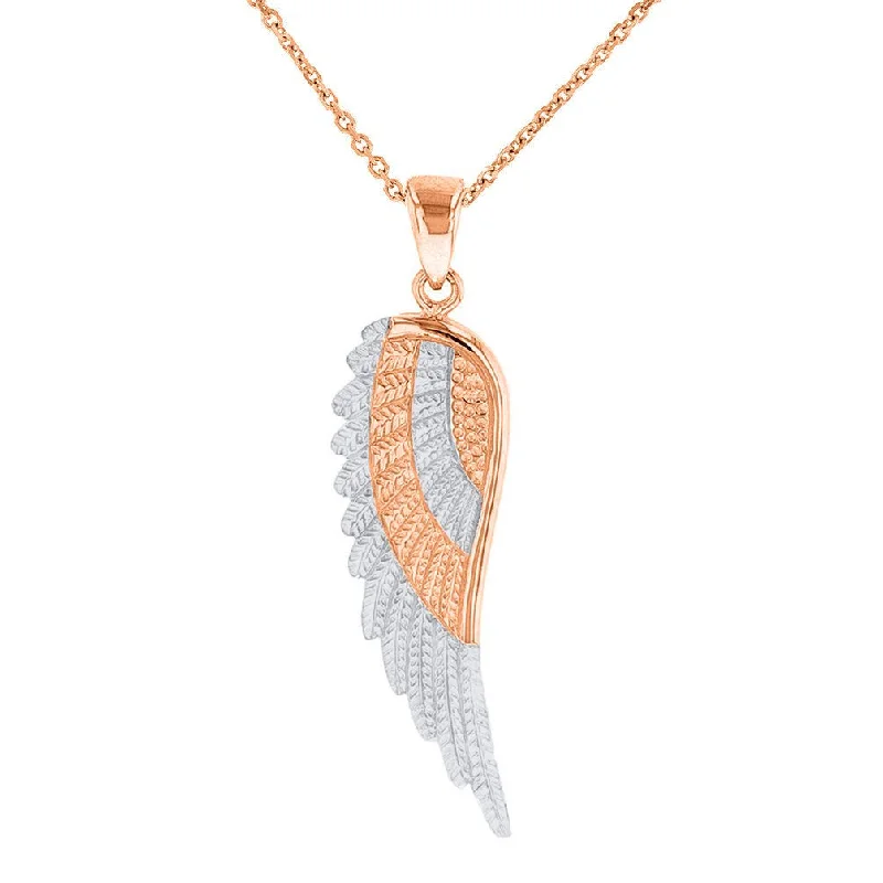 women birthstone pendant necklaces -Solid 14k Rose Gold Textured Angel Wing Charm Pendant Necklace