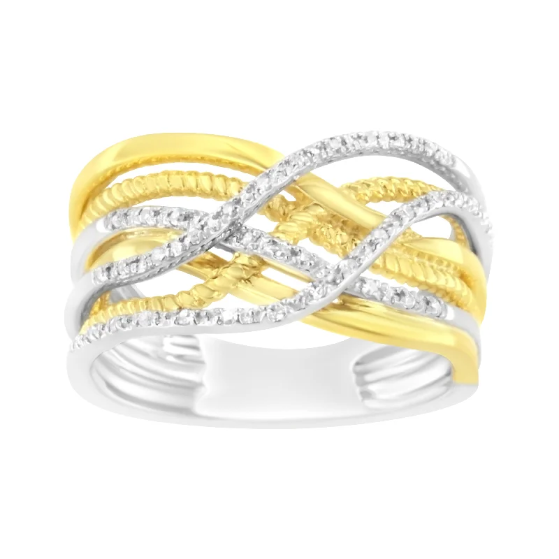 women solitaire engagement rings -10K Yellow Gold Plated .925 Sterling Silver 1/10 Cttw Diamond Multi Row Crossover Ring Band