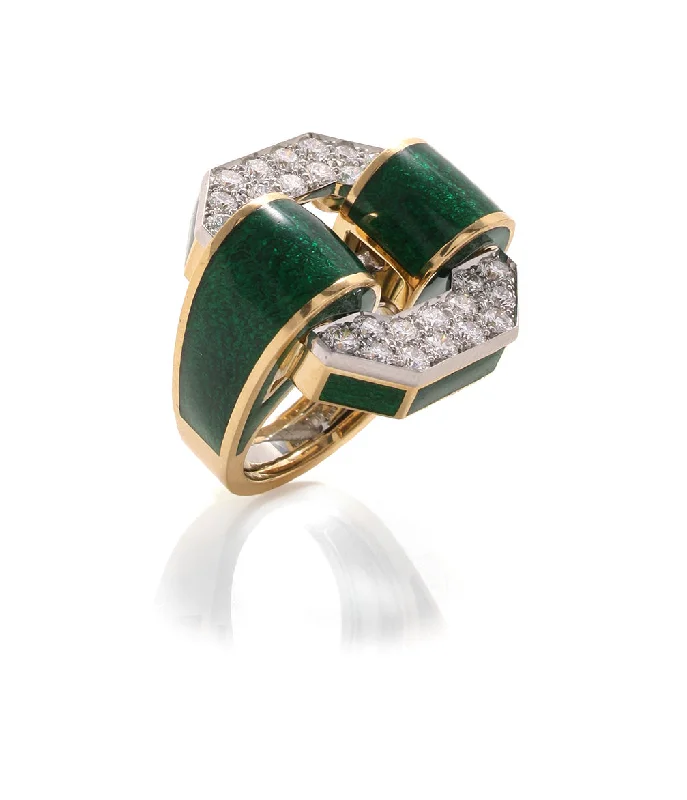 women antique engagement rings -Small Octagonal Buckle Ring, Green Enamel