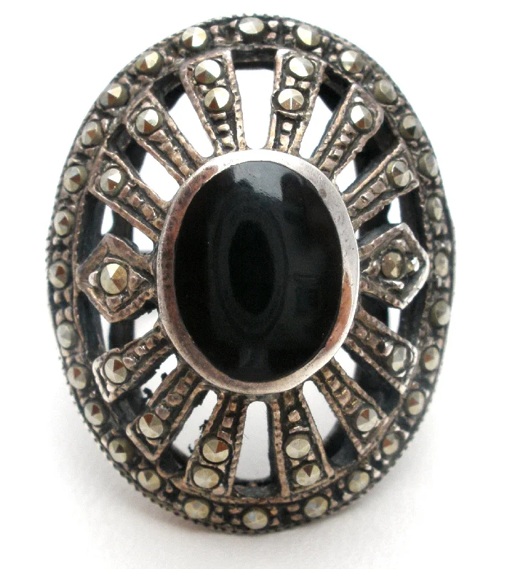 women gemstone rings -Sterling Silver Black Onyx & Marcasite Ring Size 5