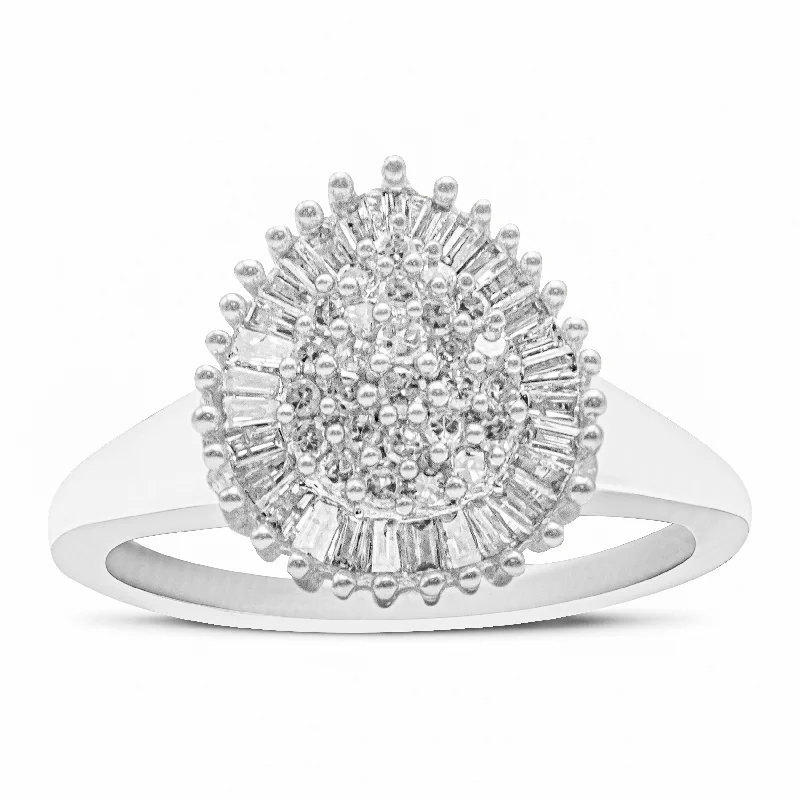 solitaire engagement rings -10K White Gold 1/2 Cttw Round & Baguette Cut Diamond Pear Shaped Domed Pavé Cluster with Halo Cocktail Ring