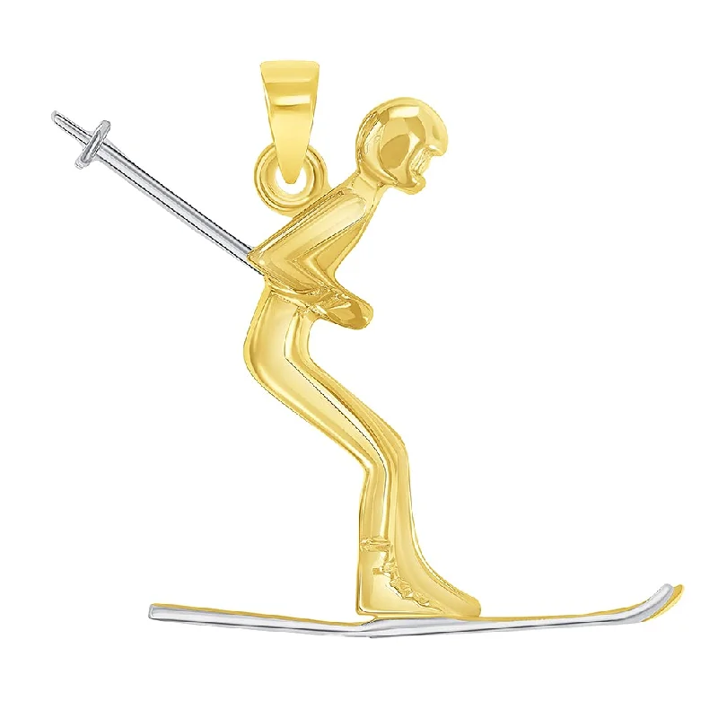 women personalized gold necklaces -14k Yellow Gold 3D Snow Skier Skiing Two Tone Sports Pendant