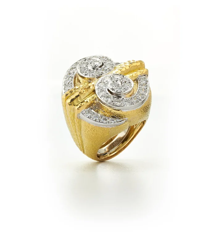 women antique engagement rings -Double Scroll Step Ring, Diamonds, Hammered 18K Gold