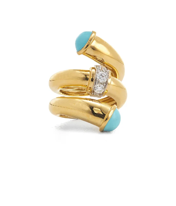 women halo rings -Turquoise Pipe Ring, Polished 18K Gold