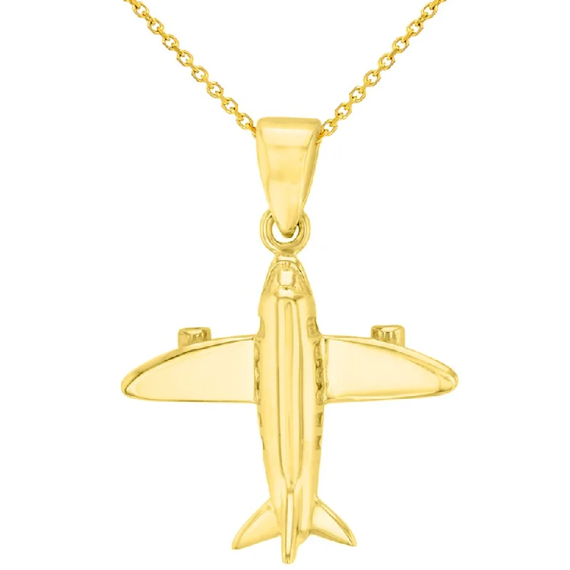 women wedding necklaces -Solid 14K Yellow Gold 3D Airplane Charm Jet Aircraft Pendant Necklace