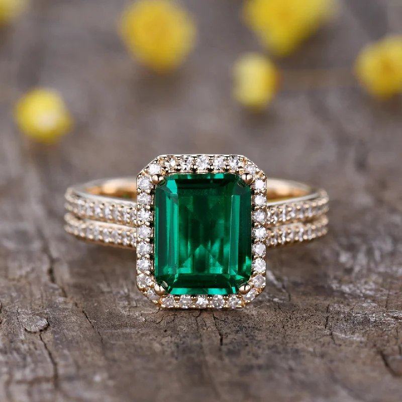 cushion cut halo engagement rings -Yellow Gold Vintage 3.5 Carat Daimond Halo Emerald Engagement Ring 4mm Diamond Wedding Band