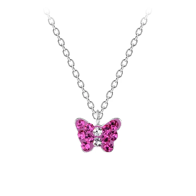 women rose gold necklaces -Children's Sterling Silver Pink Crystal Butterfly Pendant Necklace