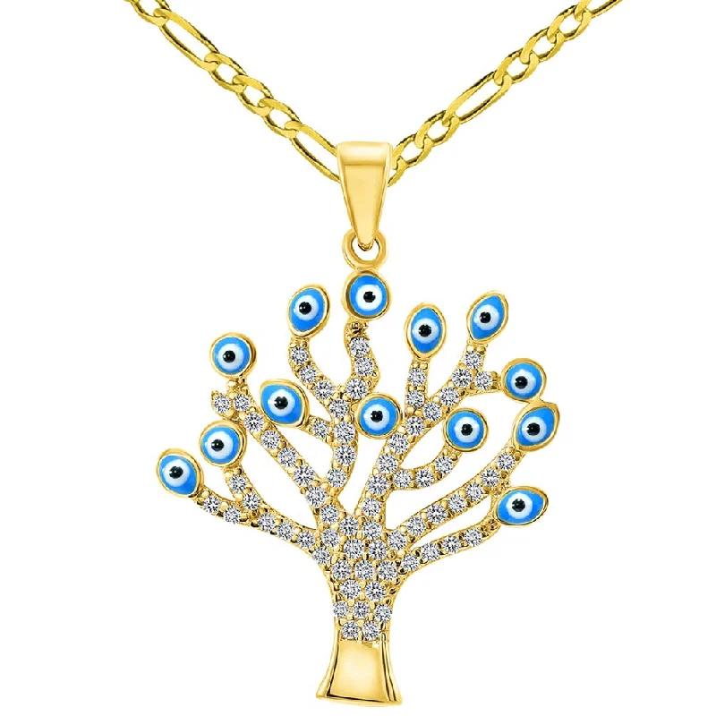 women boho necklaces -14k Yellow Gold Cubic-Zirconia Blue Evil Eye Tree of Life Pendant with Figaro Chain Necklace