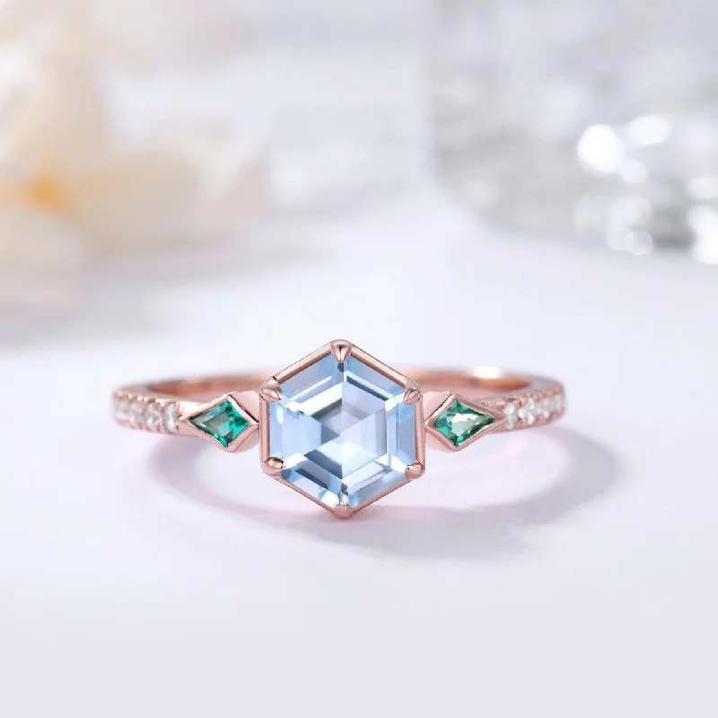 classic white gold engagement rings -Geometric Blue and Green Hexagon Aquamarine and Kite Lab Emerald Engagement Ring Three Stones